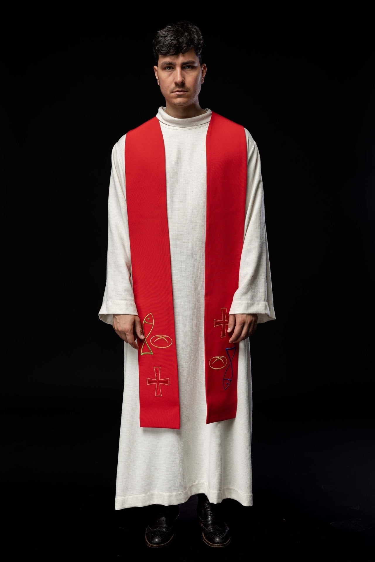 Stuła Kapłańska Czerwona Haftowana Ryba Chleb Krzyż - Elegancka - SZATYLITURGICZNE.PL