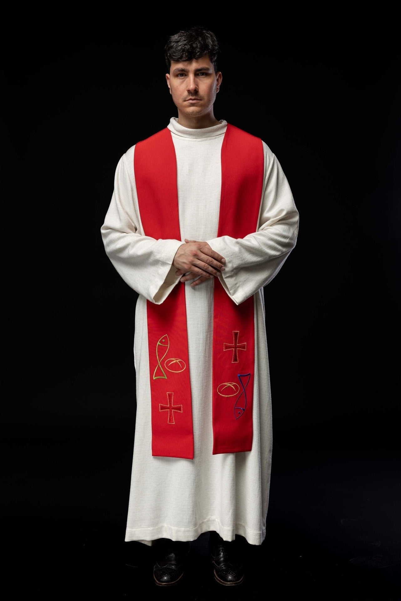 Stuła Kapłańska Czerwona Haftowana Ryba Chleb Krzyż - Elegancka - SZATYLITURGICZNE.PL