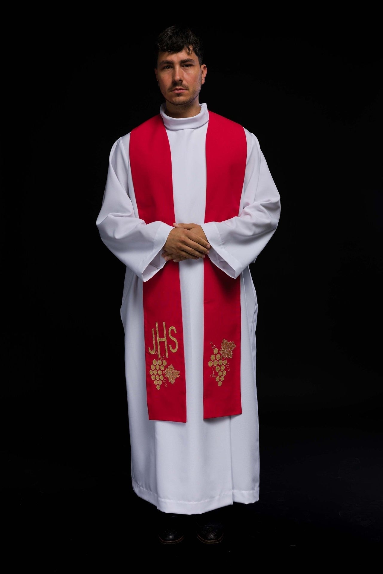 Stuła kapłańska czerwona IHS winogrono - SZATYLITURGICZNE.PL