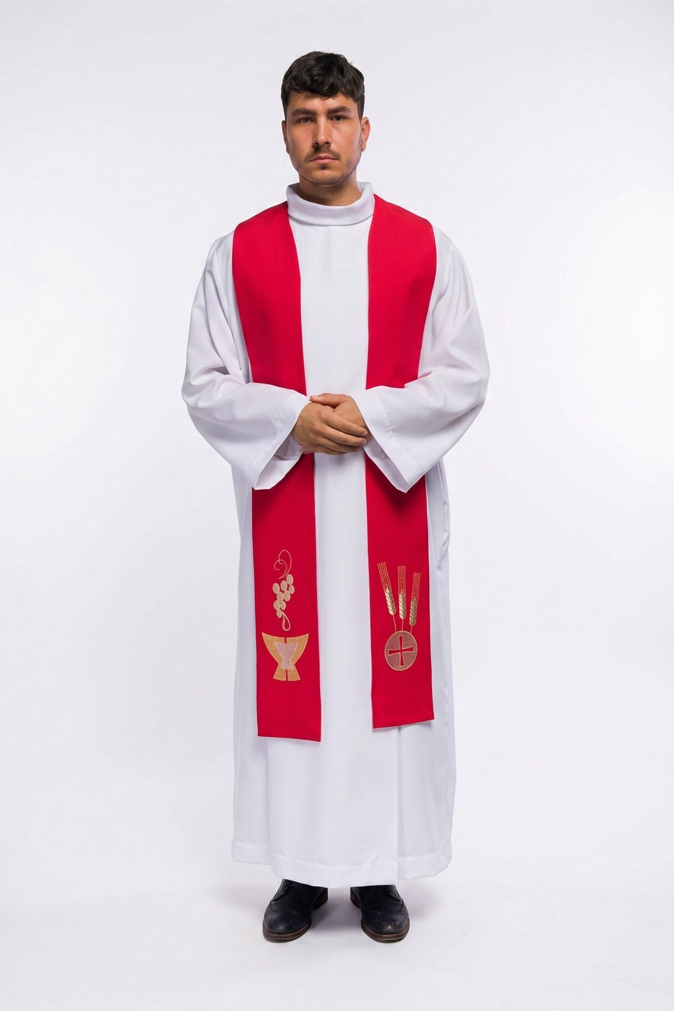 Stuła Kapłańska Czerwona z Haftem Kielicha i Winogron - Polska Produkcja - SZATYLITURGICZNE.PL