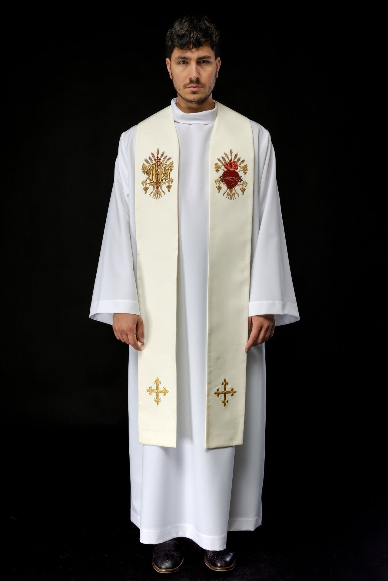 Stuła Kapłańska Ecru Haft Krzyż IHS Serce Jezusowe - SZATYLITURGICZNE.PL