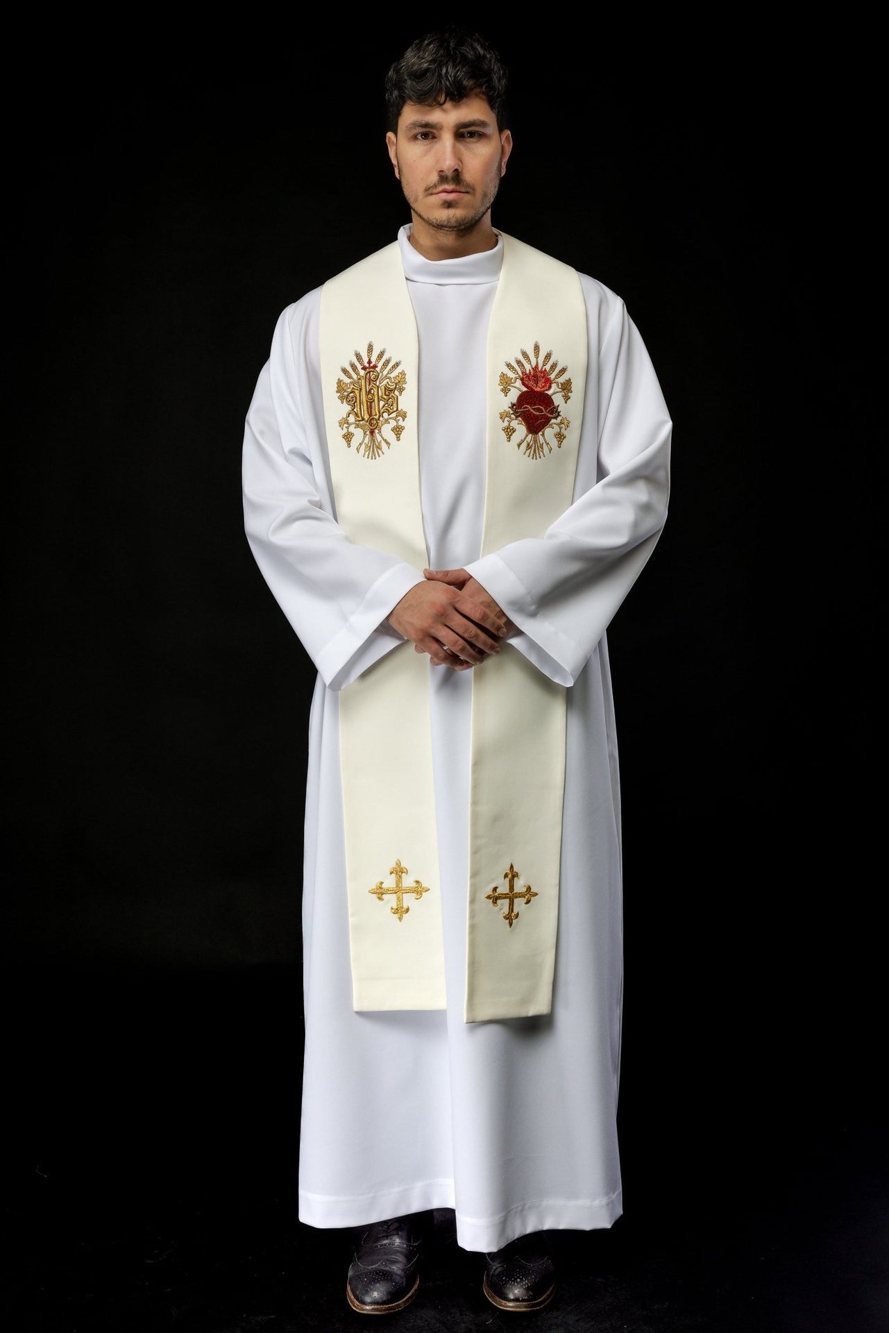 Stuła Kapłańska Ecru Haft Krzyż IHS Serce Jezusowe - SZATYLITURGICZNE.PL
