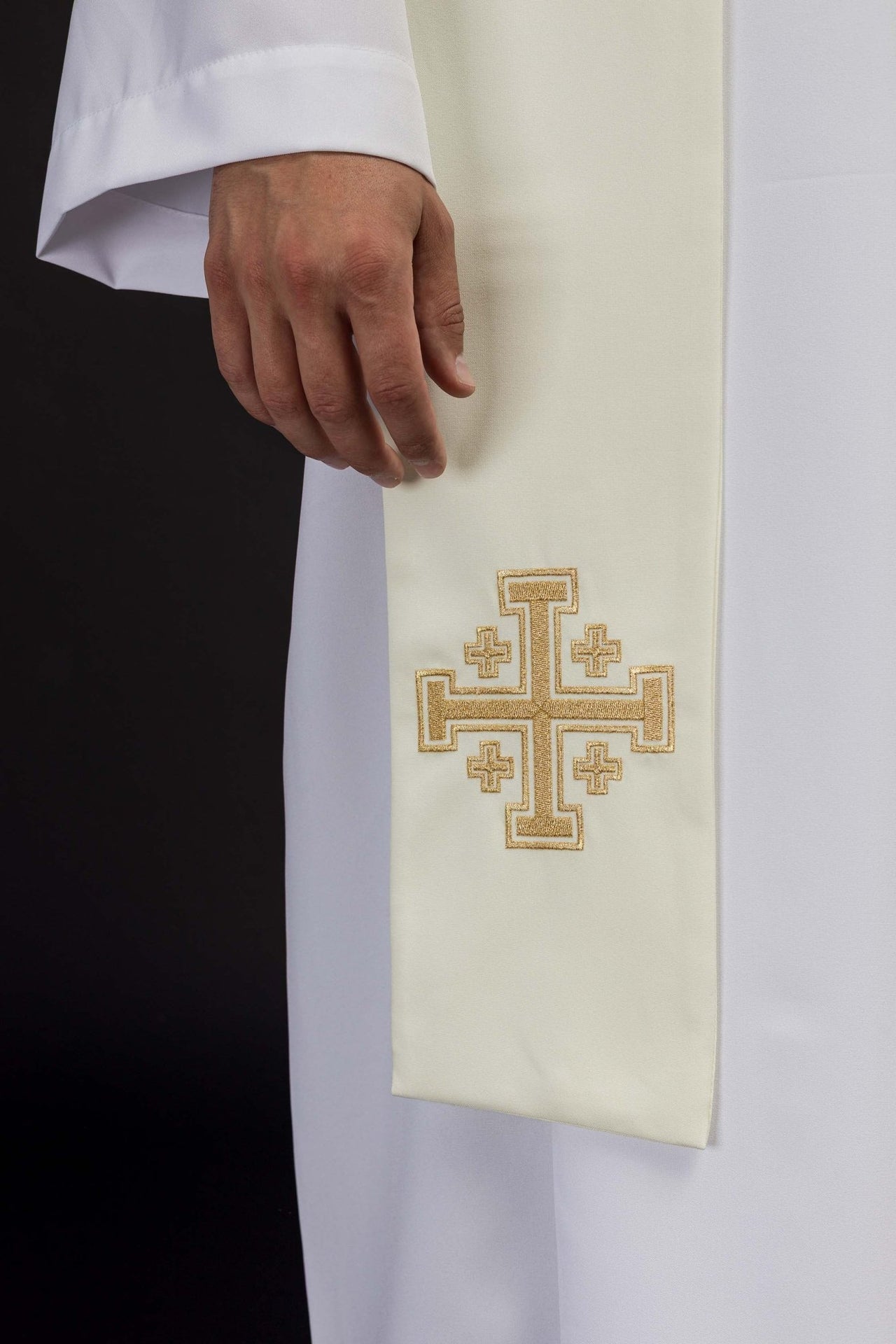 Stuła Kapłańska Ecru Haft Krzyż Jerozolimski - Polska Produkcja - SZATYLITURGICZNE.PL