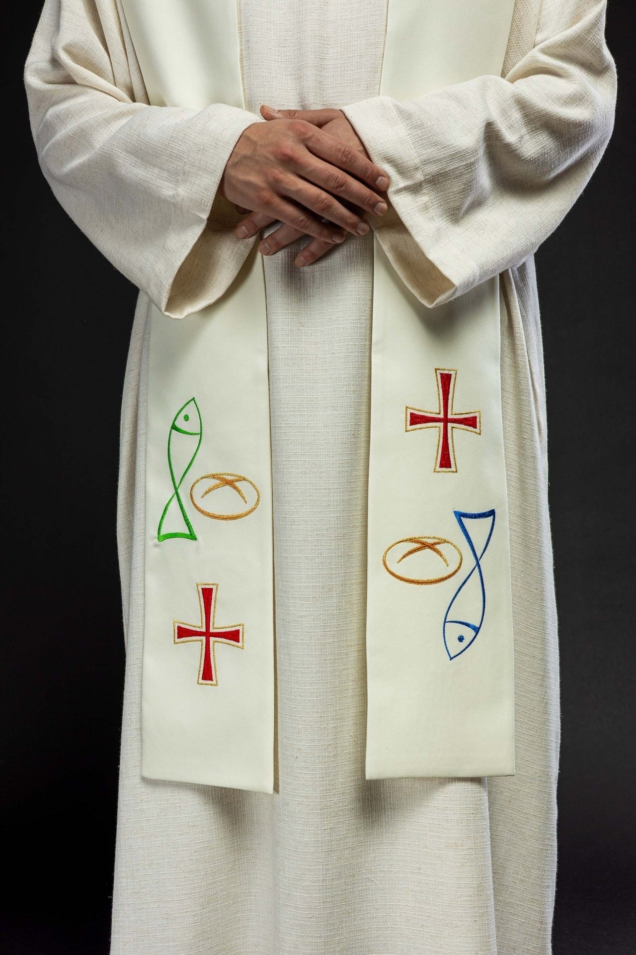 Stuła Kapłańska Ecru Haftowana Ryba Chleb Krzyż - Polska Produkcja - SZATYLITURGICZNE.PL