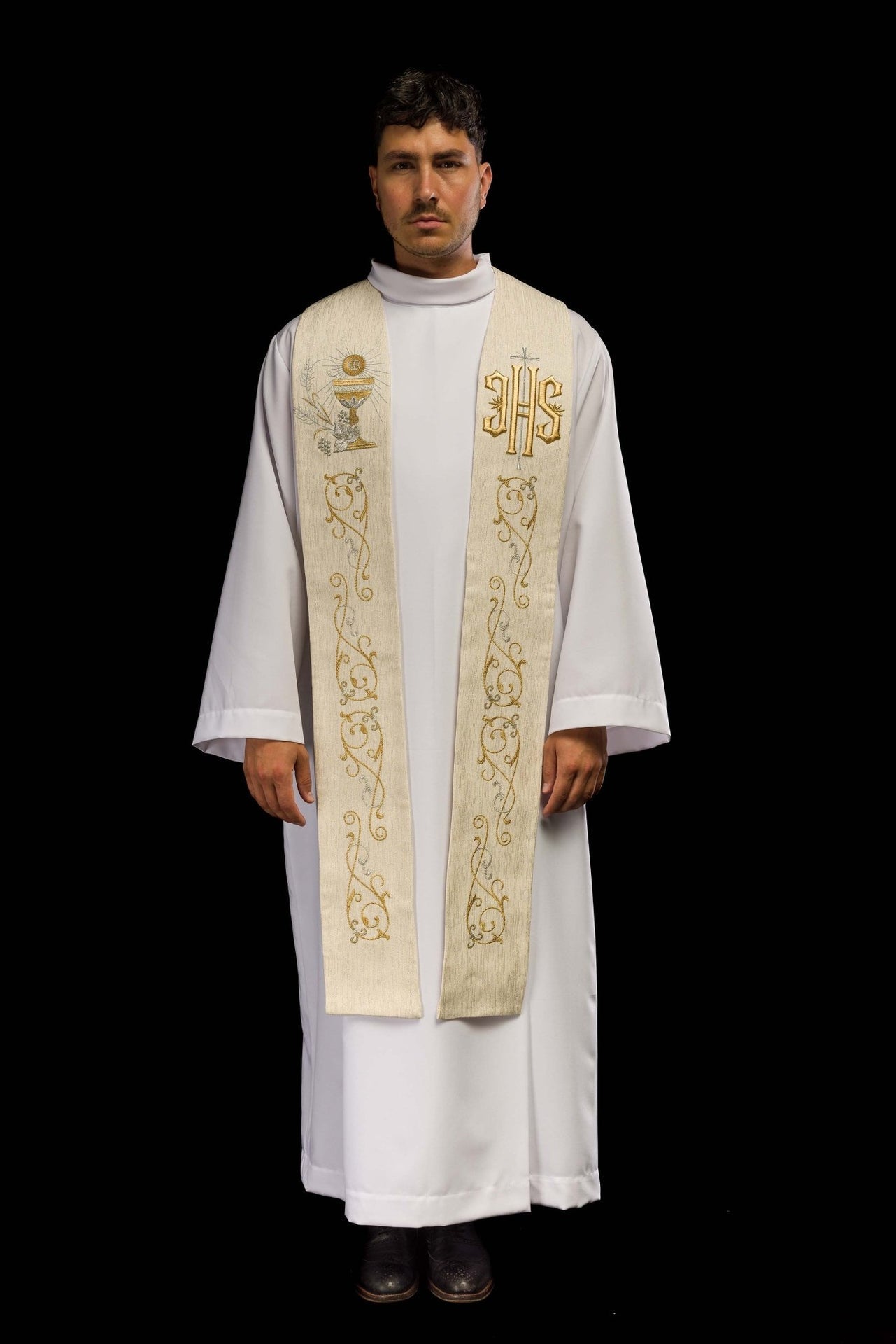 Stuła Kapłańska Ecru IHS Kielich Eucharystyczny - Haft 3D - SZATYLITURGICZNE.PL