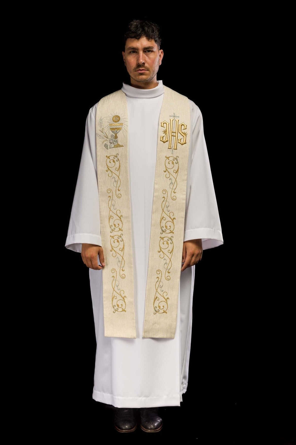 Stuła Kapłańska Ecru IHS Kielich Eucharystyczny - Haft 3D - SZATYLITURGICZNE.PL