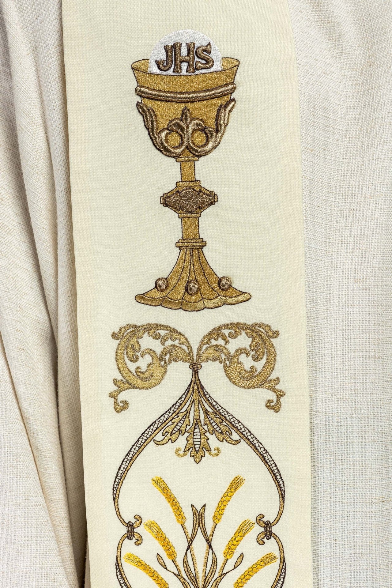 Stuła Kapłańska Ecru Kielich IHS - Haftowana Szata Liturgiczna - SZATYLITURGICZNE.PL