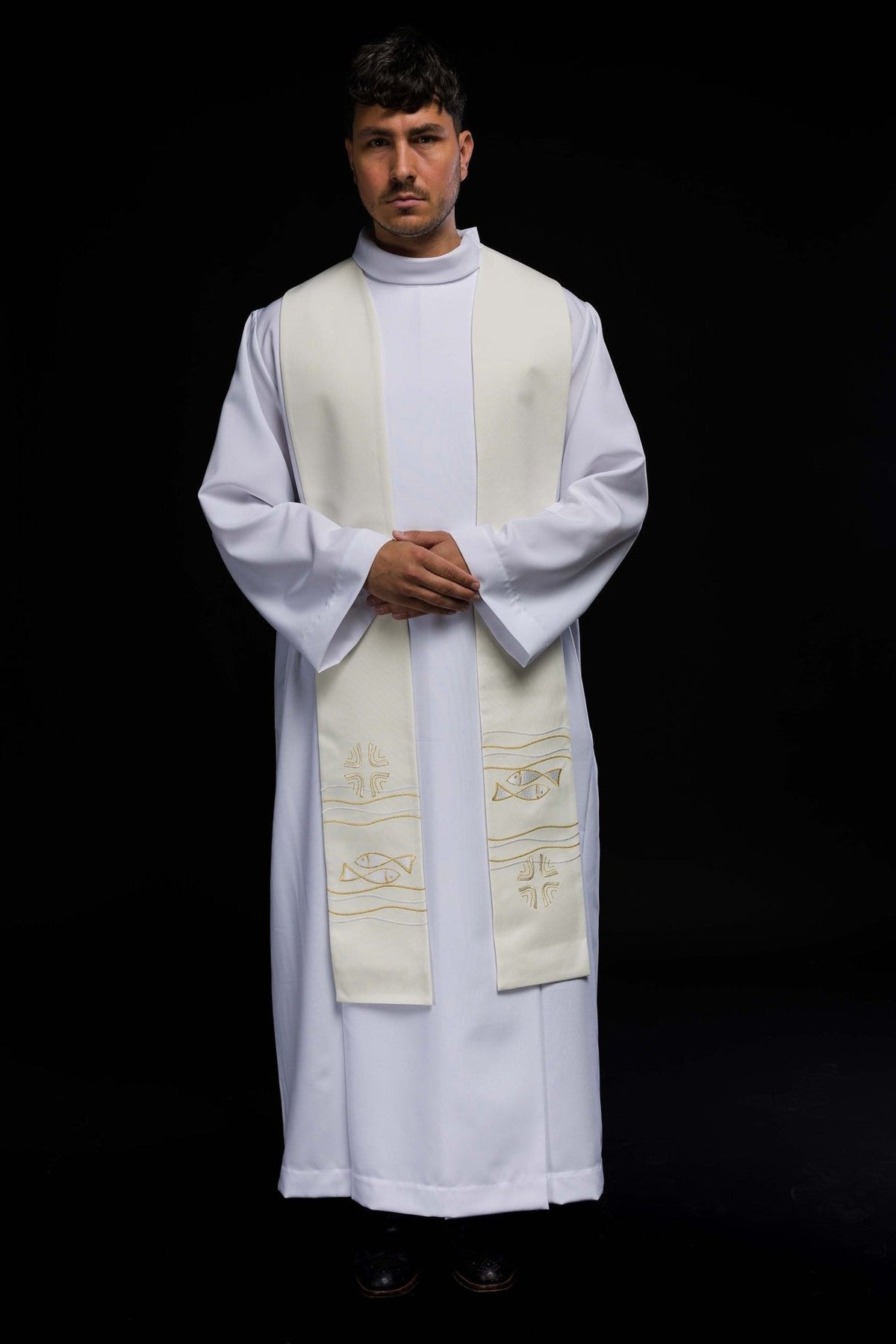 Stuła Kapłańska Ecru z Haftem Ryb - Elegancka Szata Liturgiczna - SZATYLITURGICZNE.PL