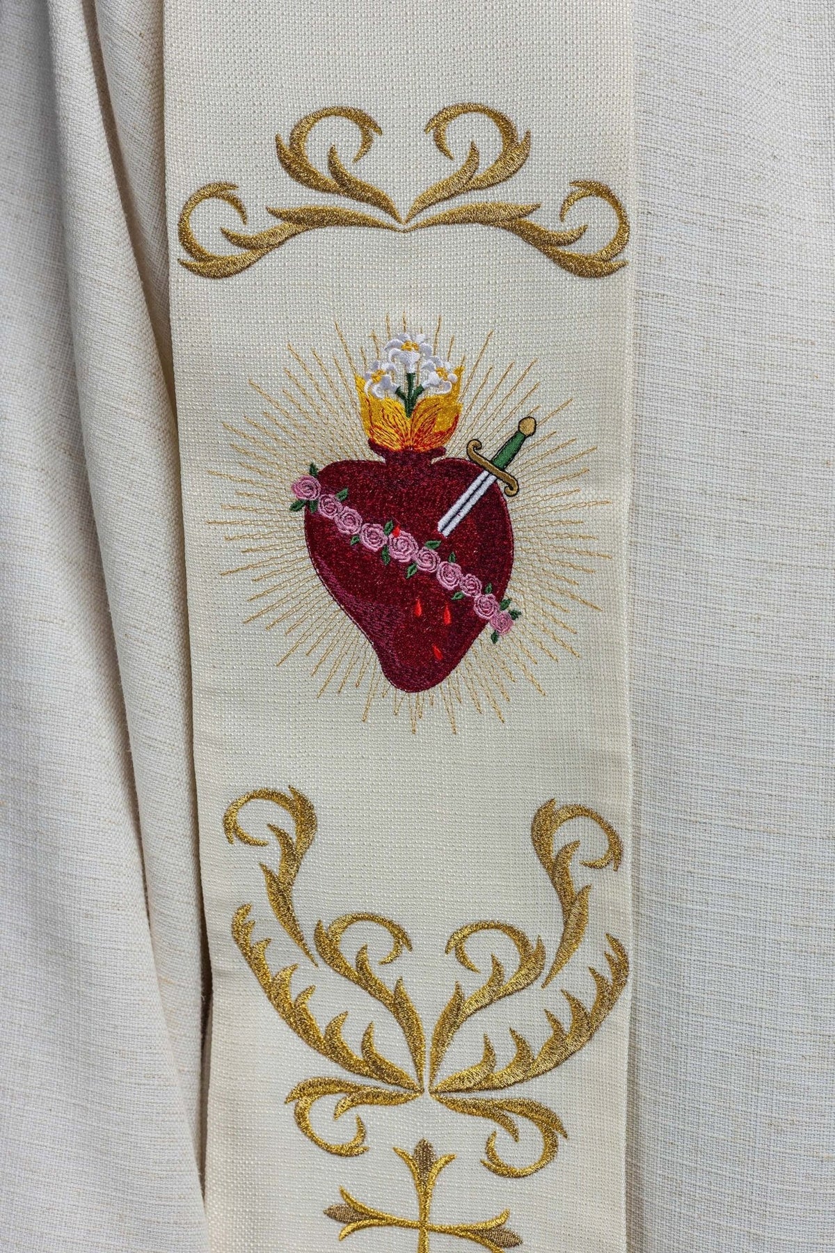 Stuła Kapłańska Ecru z Haftem Serca Jezusa i Maryi - SZATYLITURGICZNE.PL