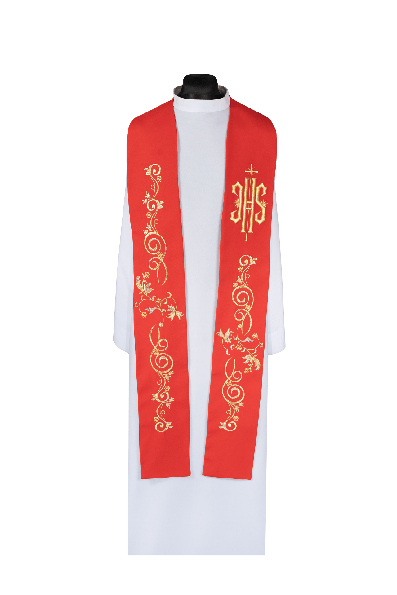 Stuła kapłańska haftowana IHS Czerwona - SZATYLITURGICZNE.PL
