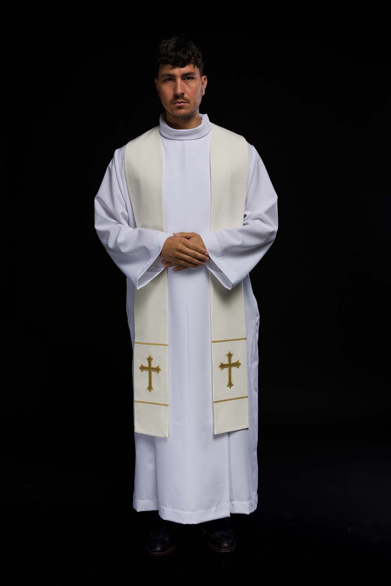 Stuła kapłańska haftowana Krzyż ecru - SZATYLITURGICZNE.PL