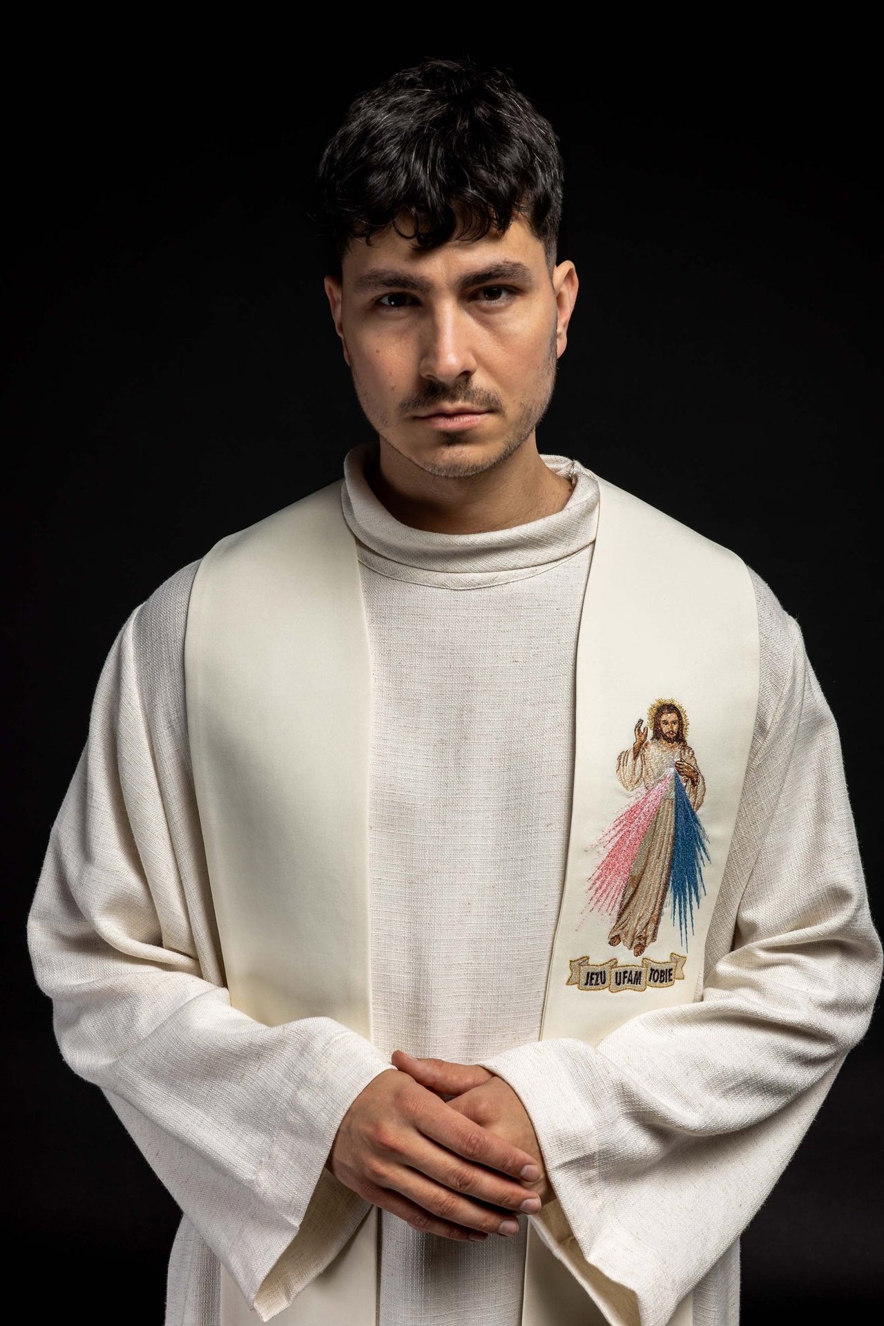 Stuła kapłańska Jezus Miłosierny Jezu Ufam Tobie ecru