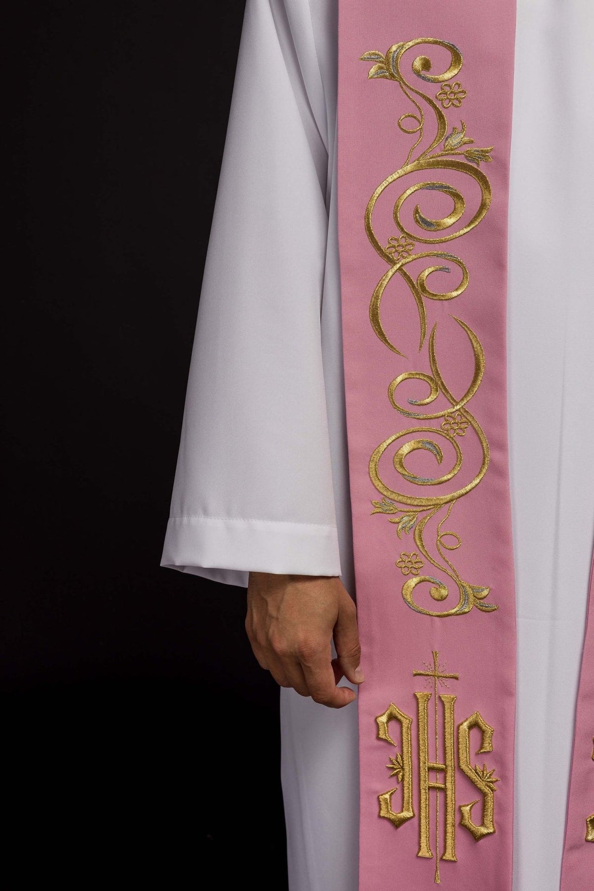 Stuła Kapłańska Różowa Haft IHS - Polska Produkcja - SZATYLITURGICZNE.PL