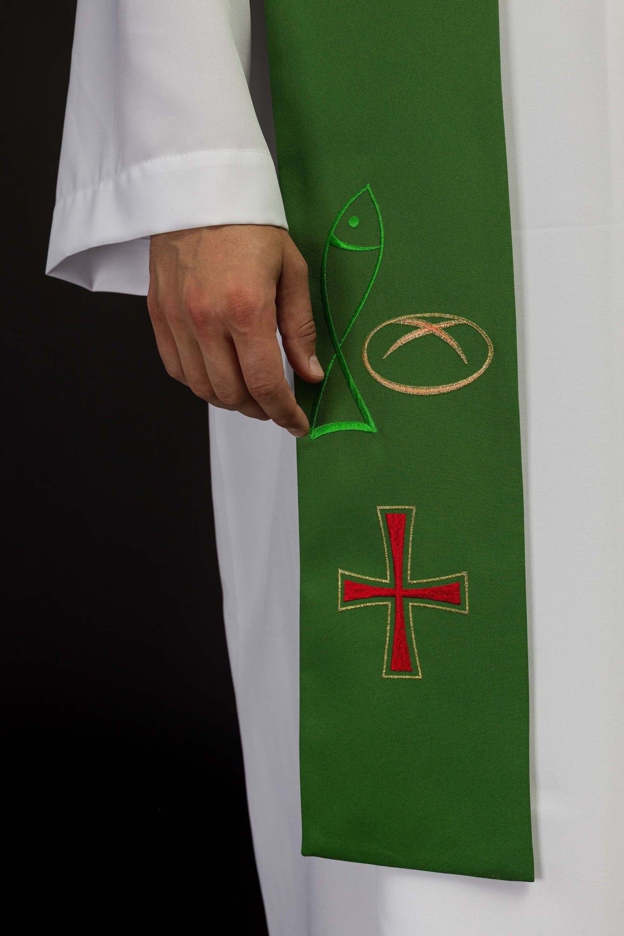 Stuła Kapłańska Zielona Haftowana Ryba Chleb Krzyż - Polska Produkcja - SZATYLITURGICZNE.PL