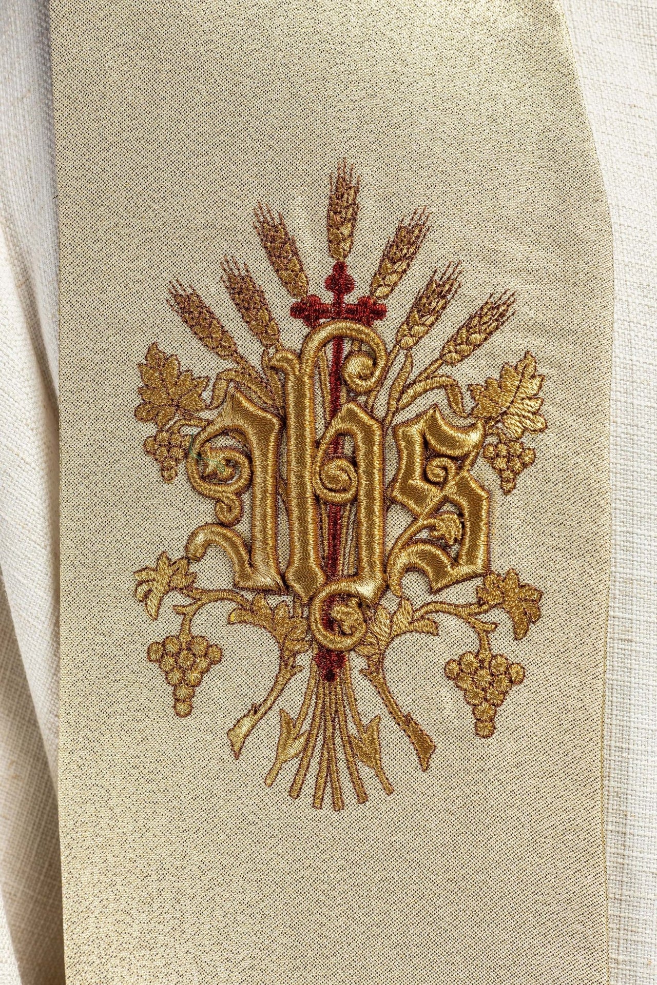 Stuła Kapłańska Złota Haftowana Krzyż IHS Serce - Polska Produkcja - SZATYLITURGICZNE.PL