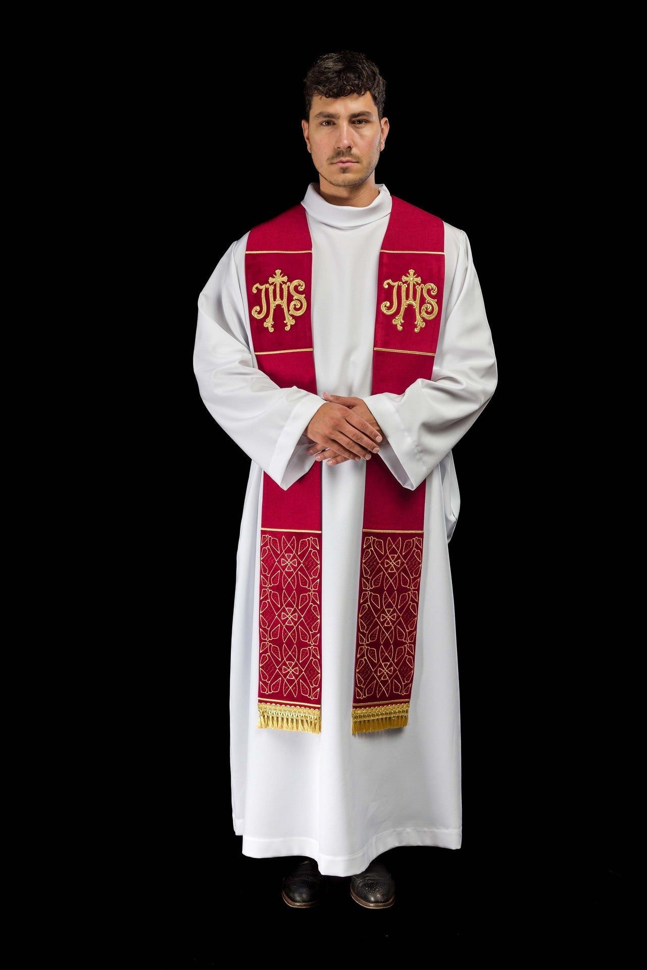 Stuła Liturgiczna Aksamitna IHS Czerwona Haftowana - Polska Produkcja - SZATYLITURGICZNE.PL