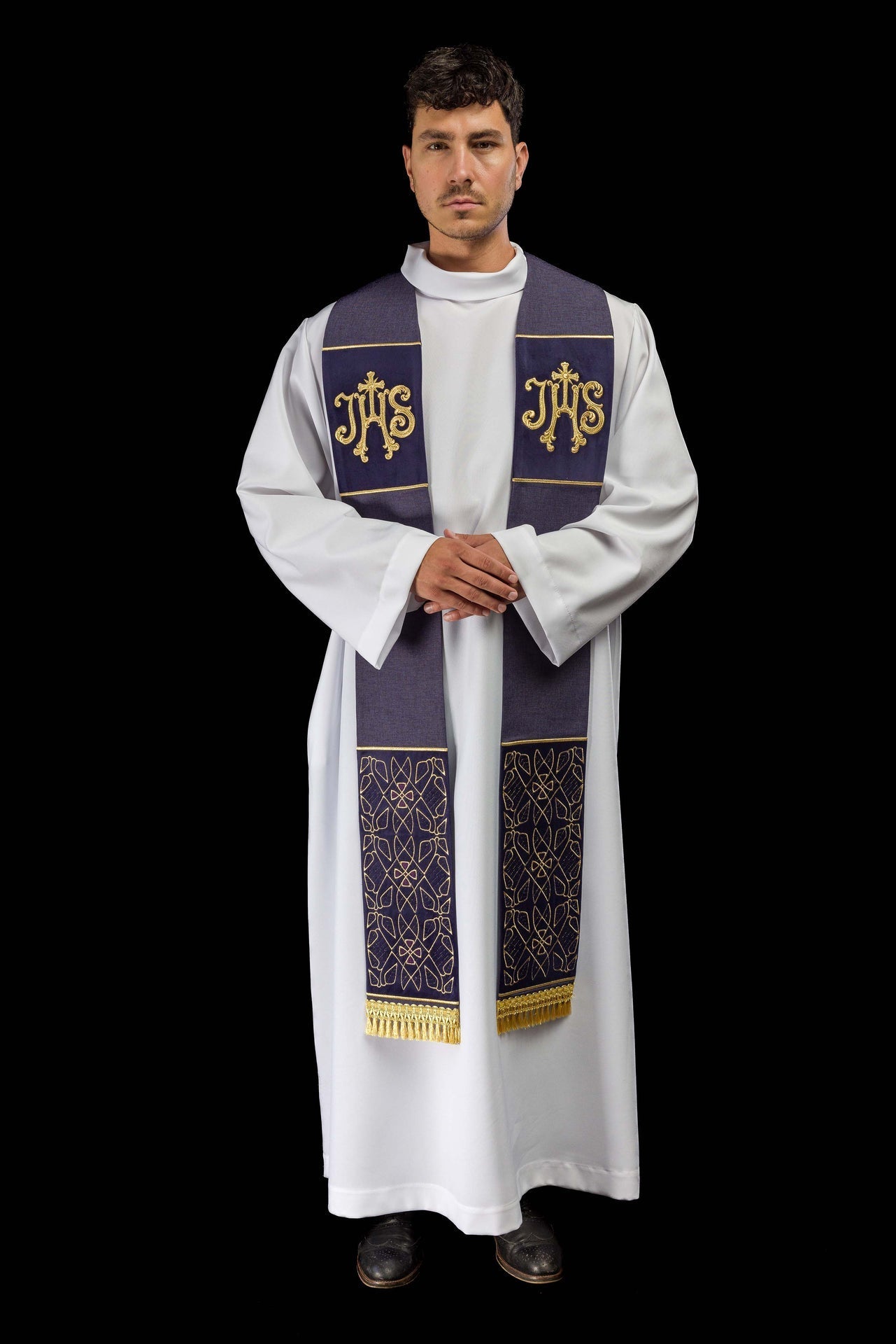 Stuła Liturgiczna Aksamitna IHS Fioletowa - Bogaty Haft - SZATYLITURGICZNE.PL