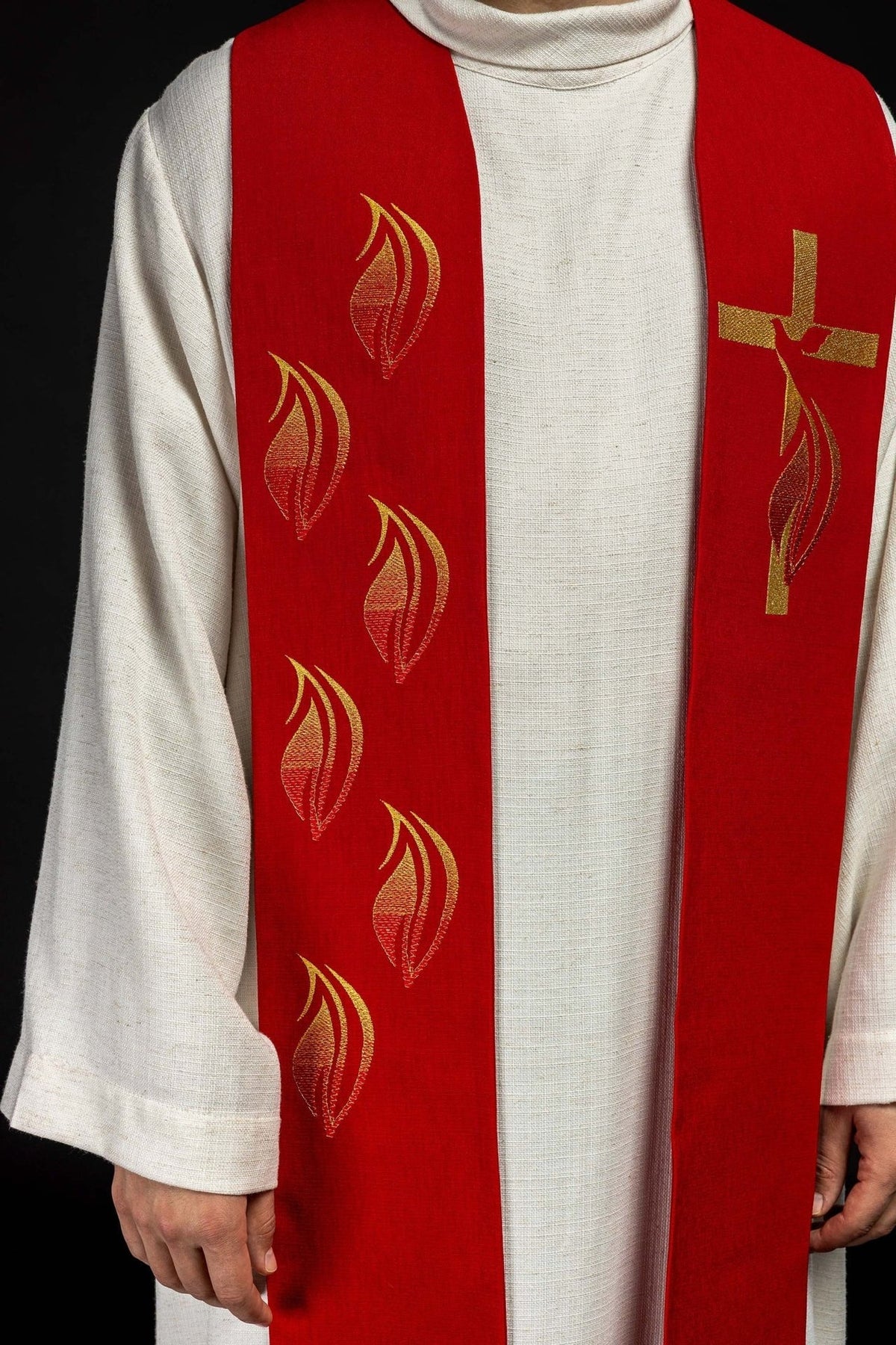 Stuła Liturgiczna Czerwona Haftowana - Duch Święty, Krzyż, Ogień - SZATYLITURGICZNE.PL