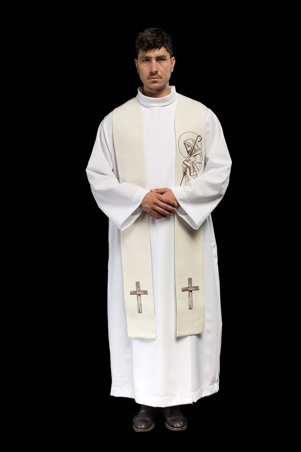 Stuła Liturgiczna Ecru - Jezus Dobry Pasterz z Haftem - SZATYLITURGICZNE.PL
