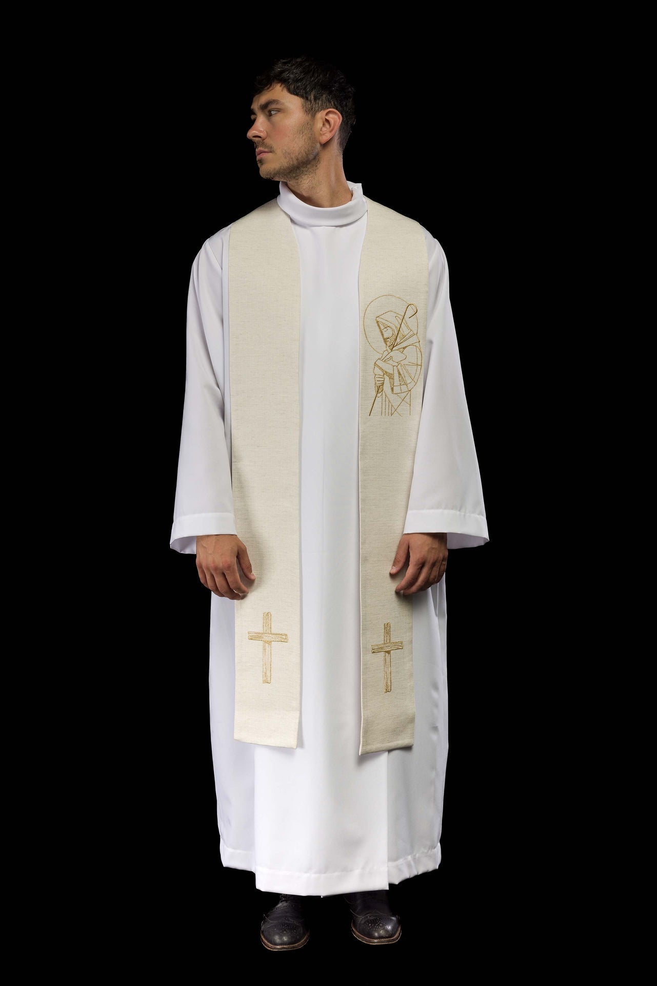 Stuła Liturgiczna Ecru - Jezus Dobry Pasterz z Haftem - SZATYLITURGICZNE.PL