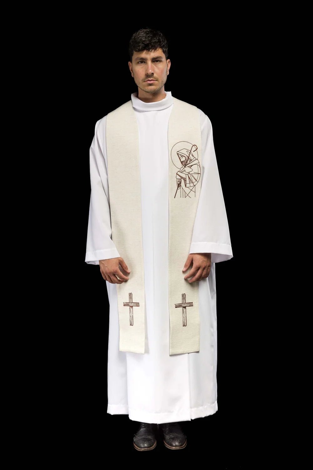 Stuła Liturgiczna Ecru - Jezus Dobry Pasterz z Haftem - SZATYLITURGICZNE.PL