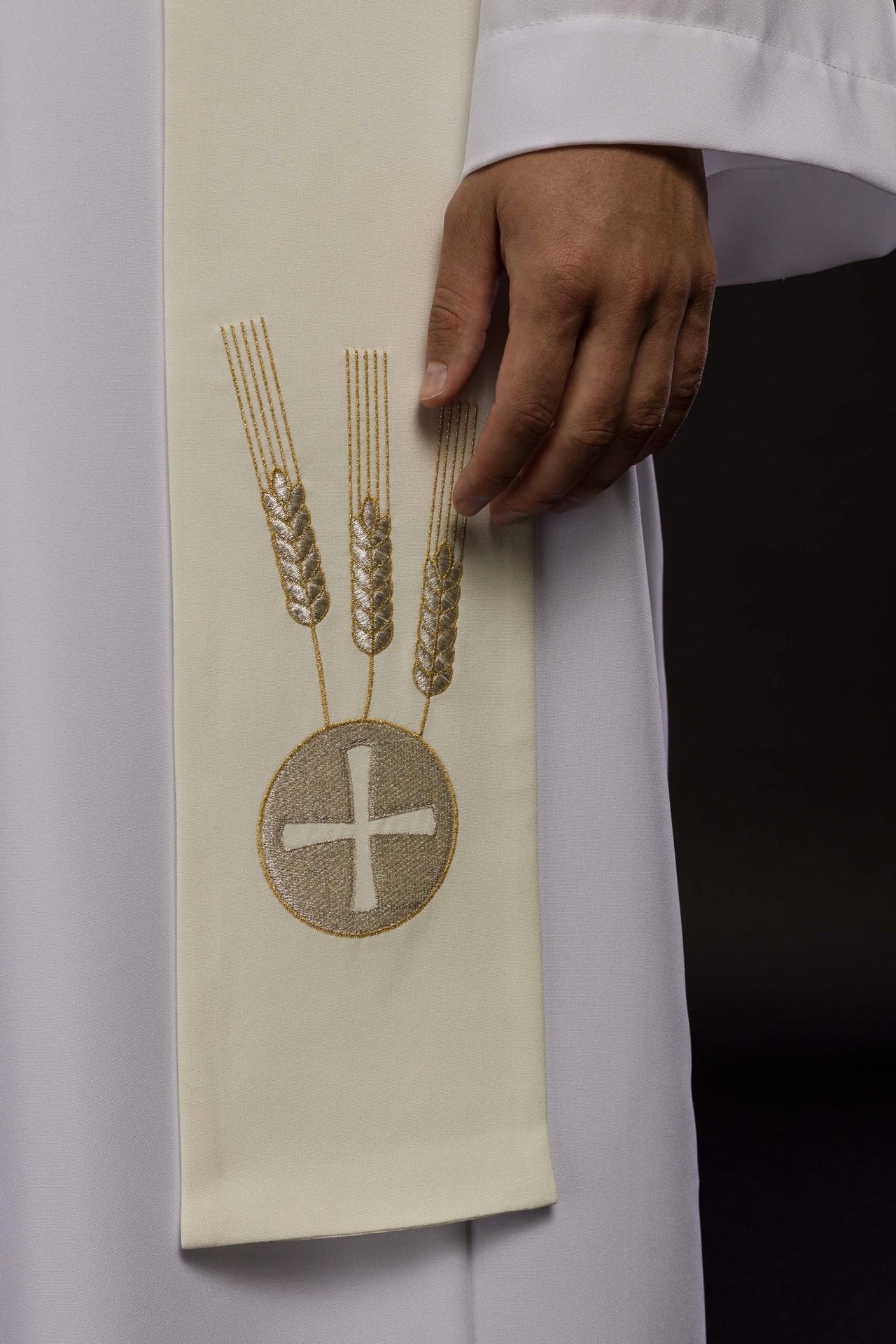 Stuła Liturgiczna Ecru - Kielich, Kłosy i Winogrona - Haft Komputerowy - SZATYLITURGICZNE.PL