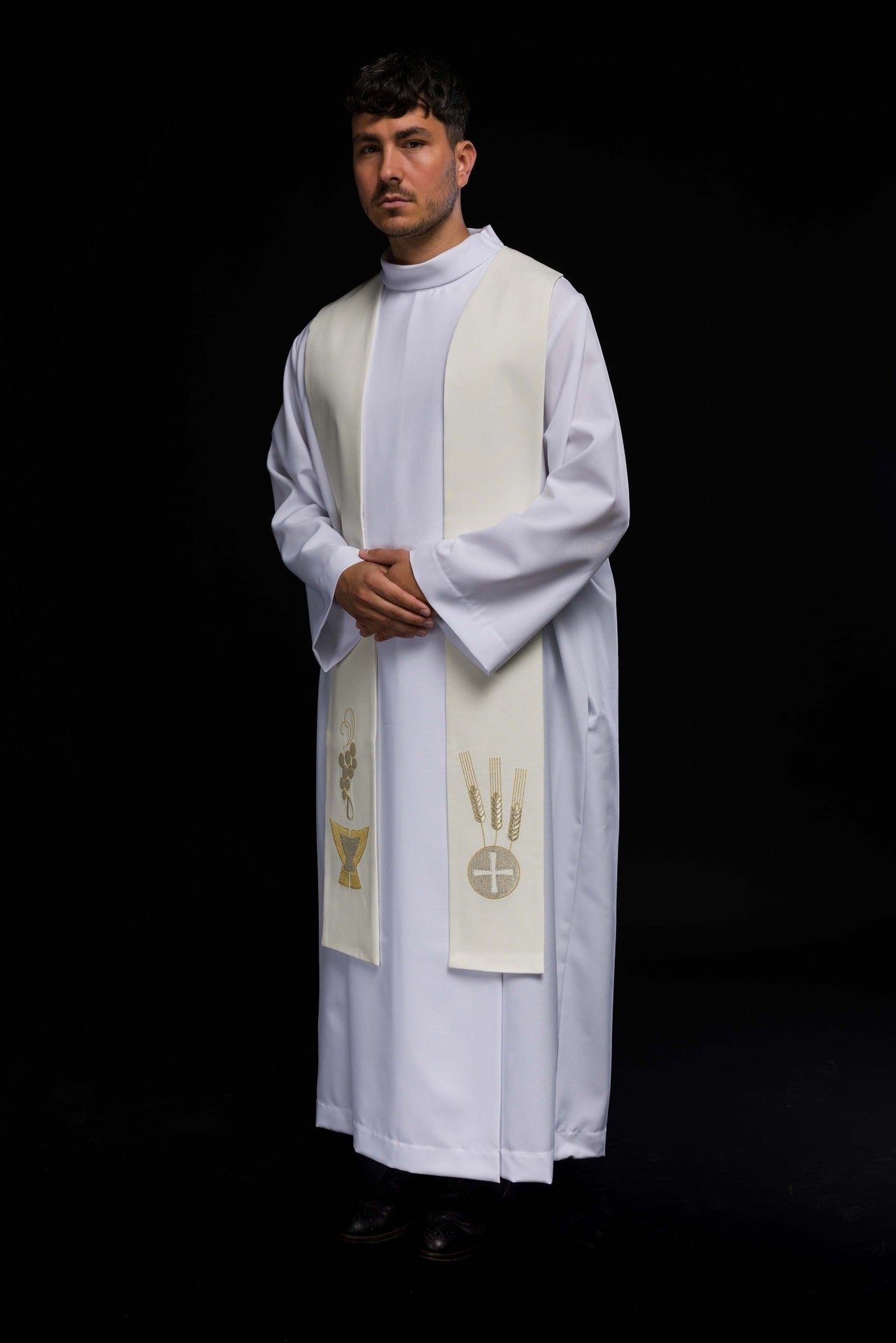 Stuła Liturgiczna Ecru - Kielich, Kłosy i Winogrona - Haft Komputerowy - SZATYLITURGICZNE.PL