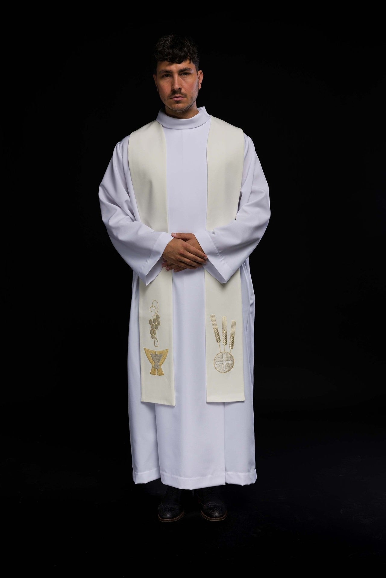 Stuła Liturgiczna Ecru - Kielich, Kłosy i Winogrona - Haft Komputerowy - SZATYLITURGICZNE.PL