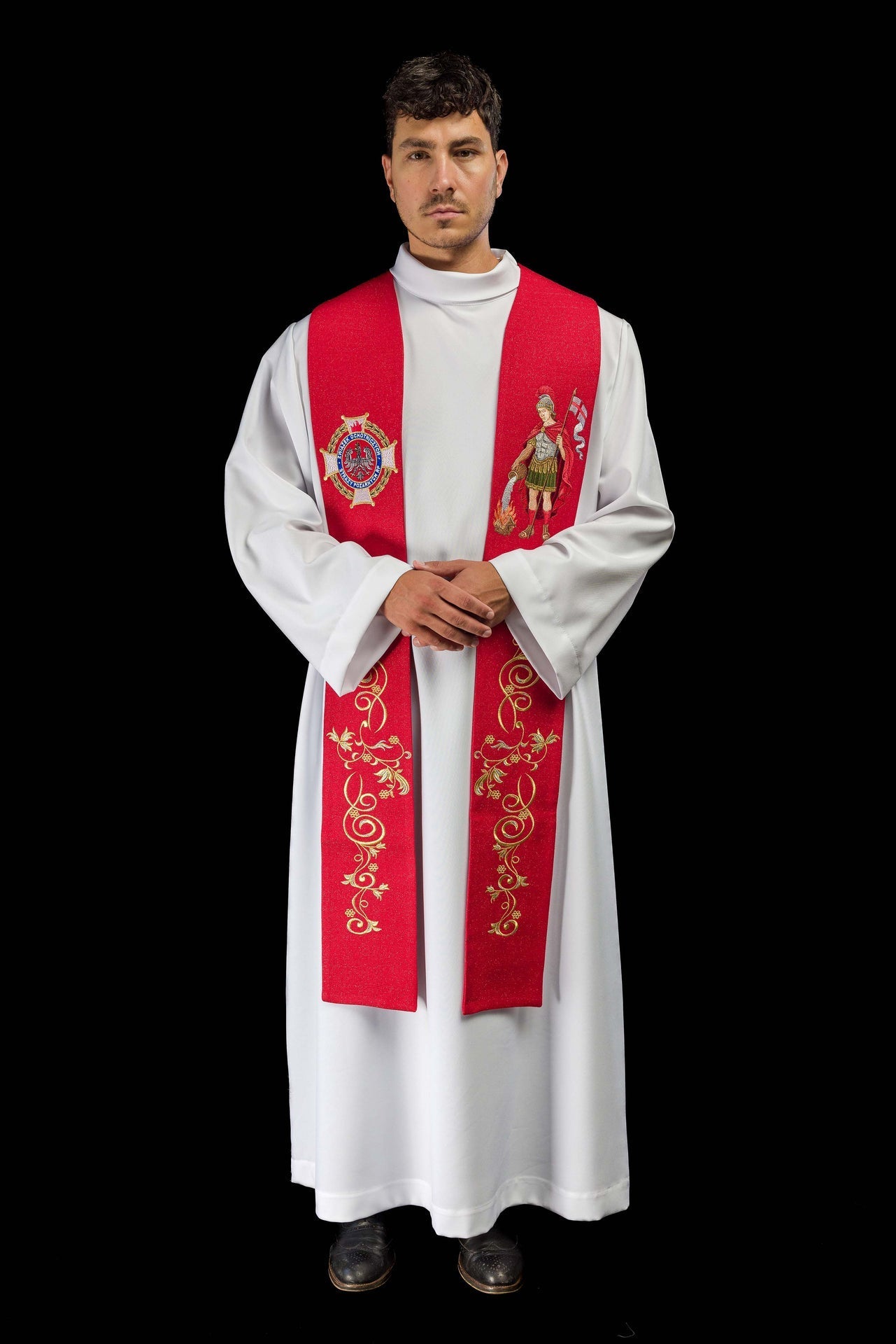 Stuła Liturgiczna Haftowana Św. Florian - Strażak, Polska Produkcja - SZATYLITURGICZNE.PL