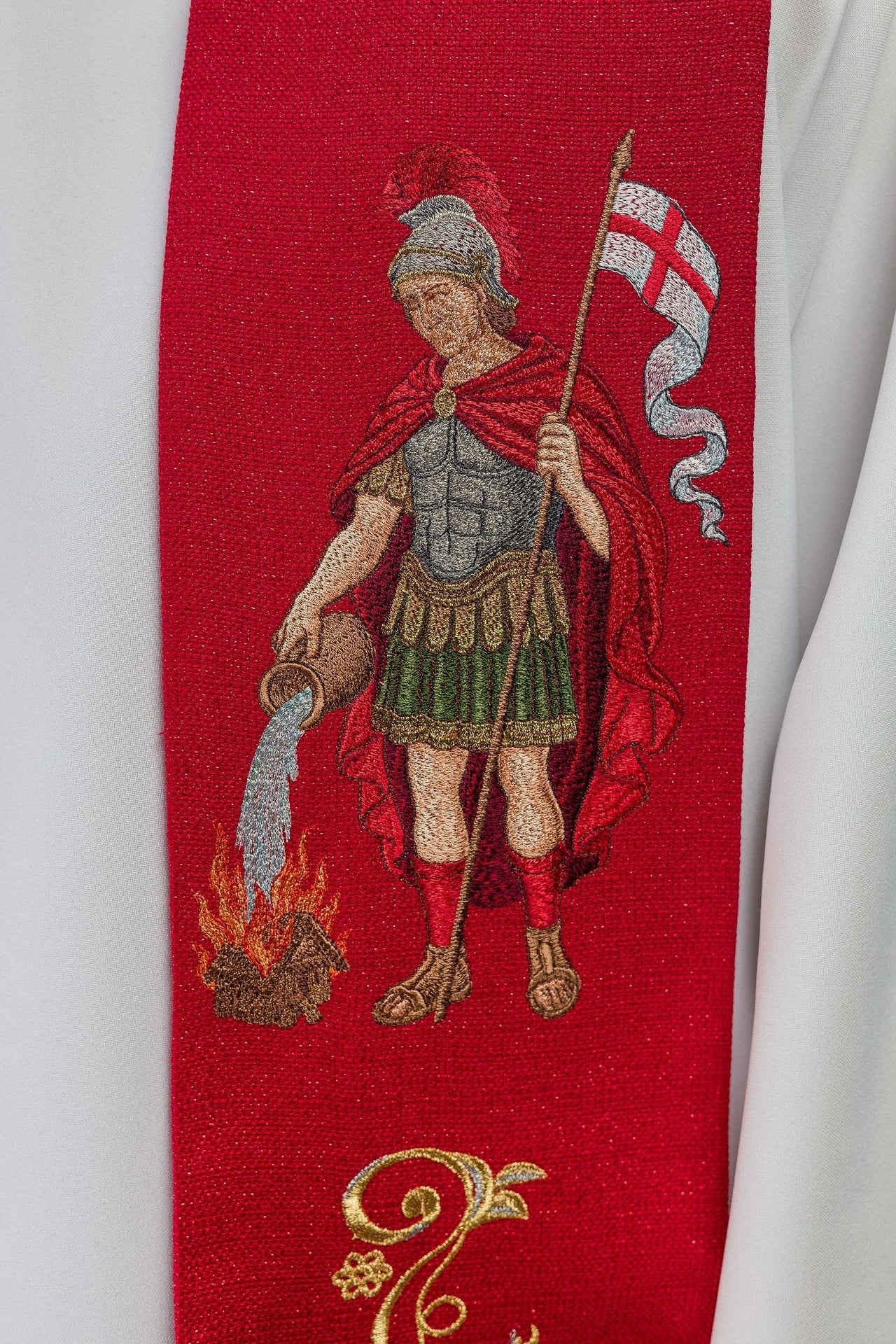 Stuła Liturgiczna Haftowana Św. Florian - Strażak, Polska Produkcja - SZATYLITURGICZNE.PL