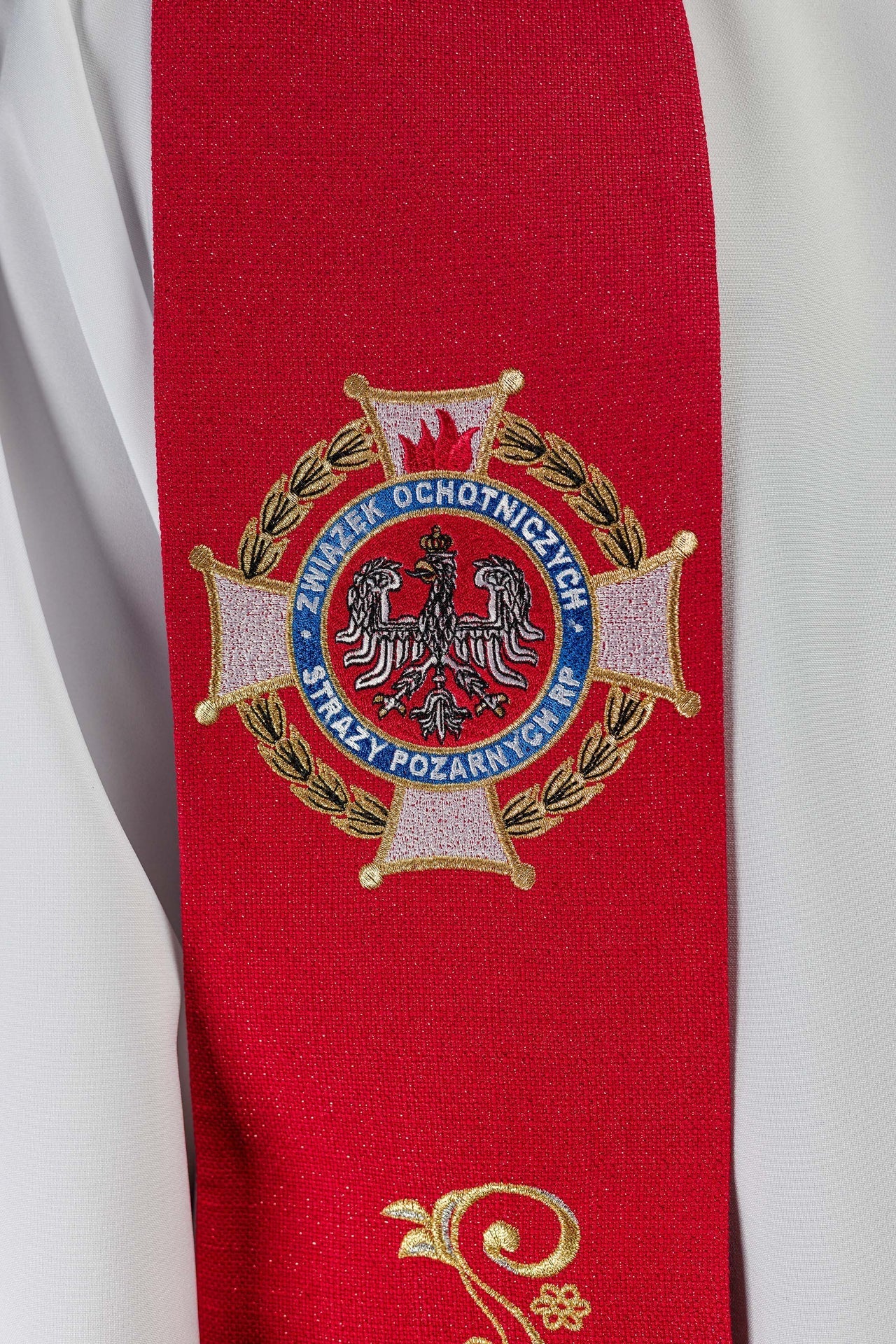 Stuła Liturgiczna Haftowana Św. Florian - Strażak, Polska Produkcja - SZATYLITURGICZNE.PL