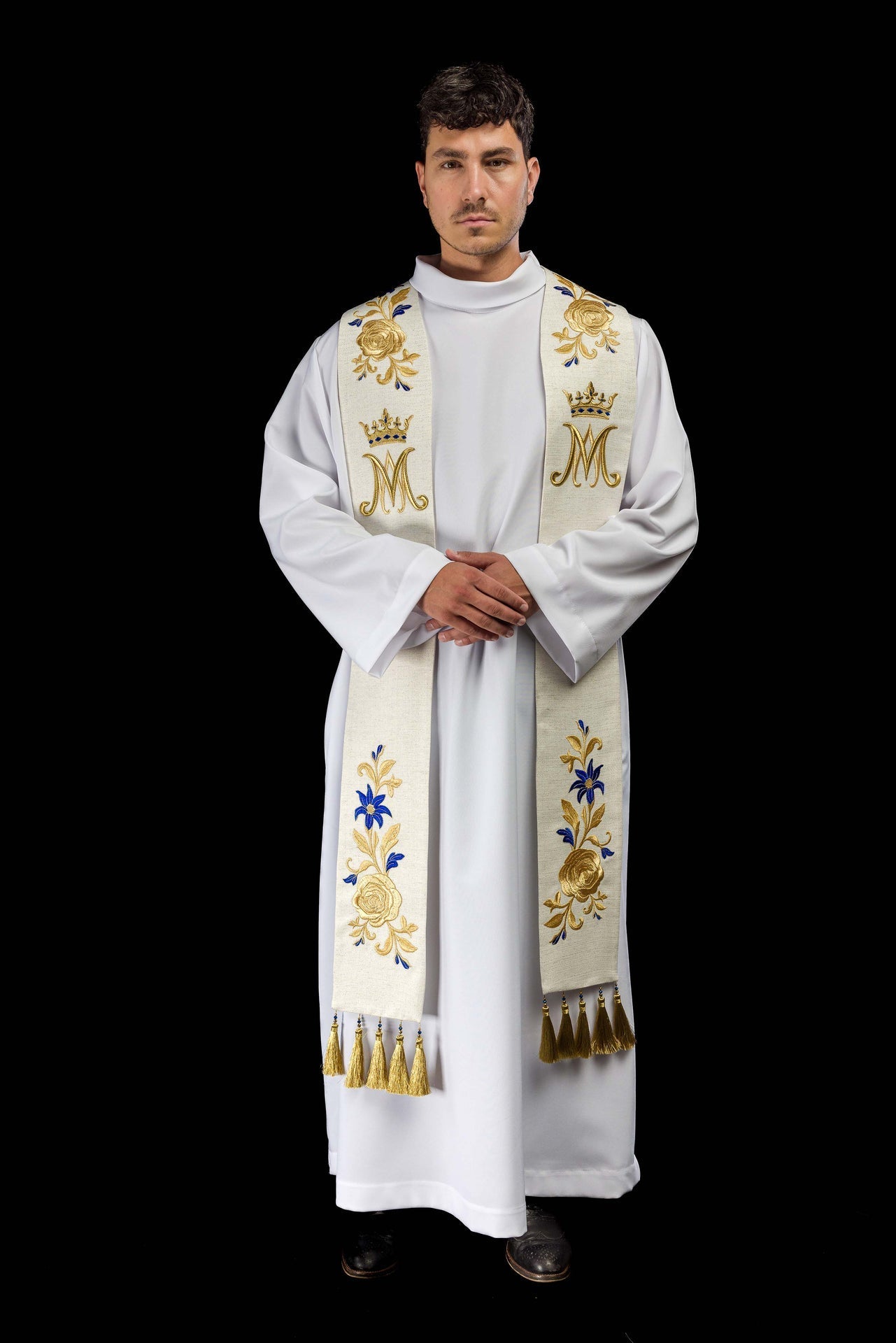 Stuła Maryjna Ecru z Haftem Złoto - Niebieskim - Żakardowa - SZATYLITURGICZNE.PL