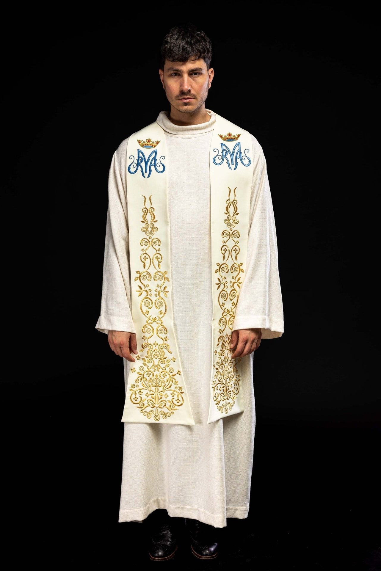 Stuła Maryjna Haftowana Ecru z Koroną - Szaty Liturgiczne - SZATYLITURGICZNE.PL