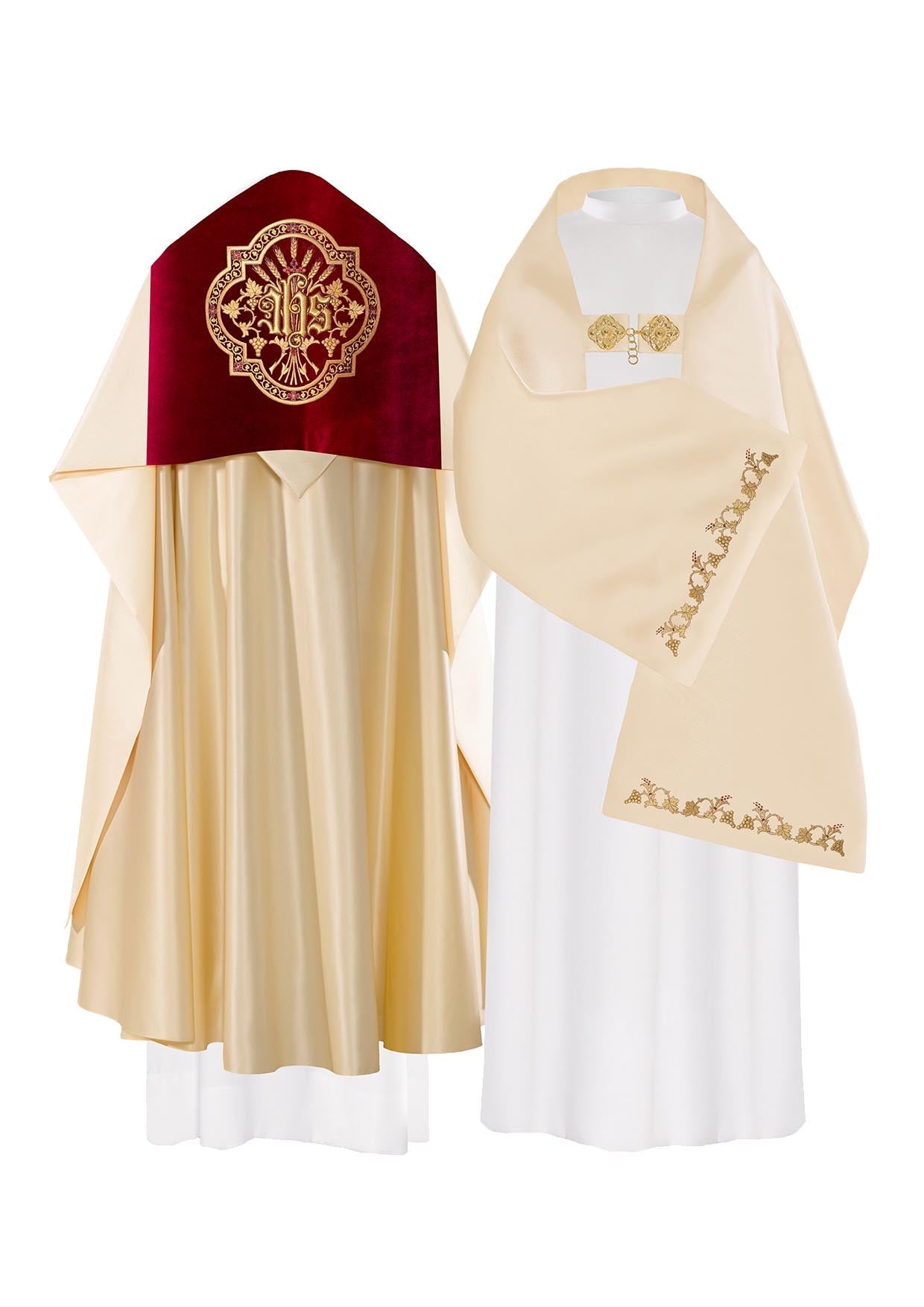 Welon Naramienny Liturgiczny IHS Aksamit Ecru Haftowany - SZATYLITURGICZNE.PL