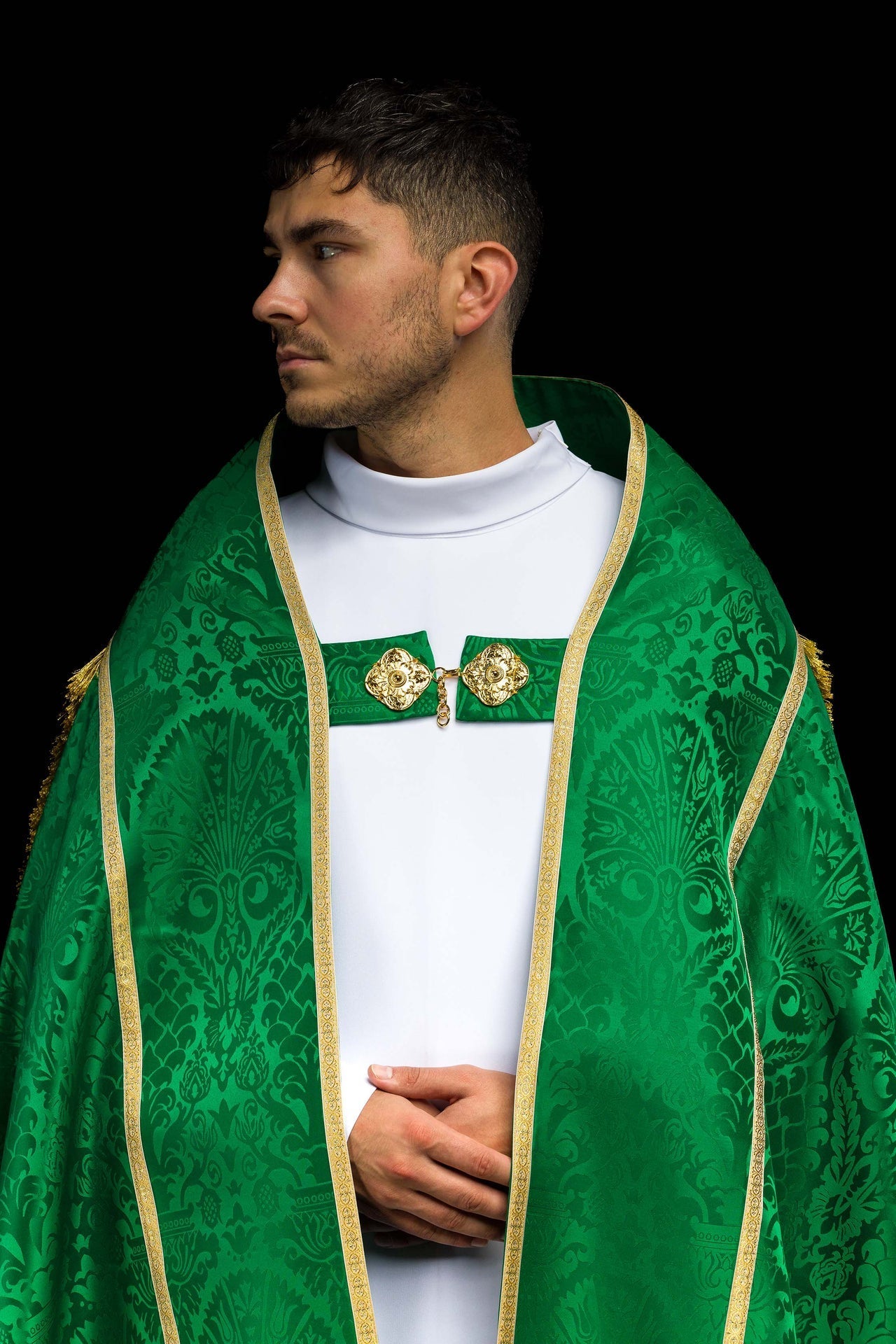 Żakardowa kapa rzymska gładka Zielona - SZATYLITURGICZNE.PL