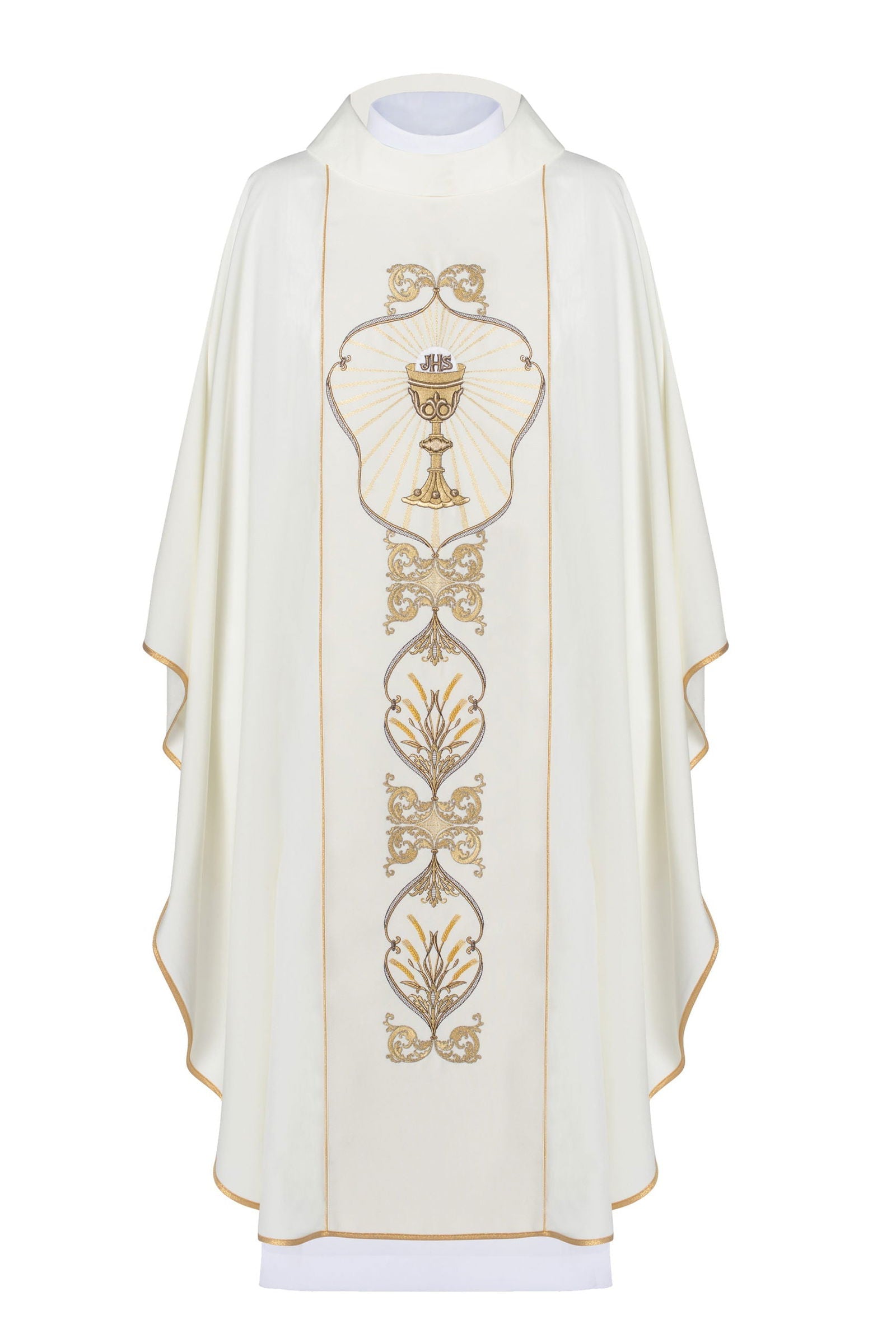 Ornat liturgiczny ecru z haftem IHS i symbolem Kielicha
