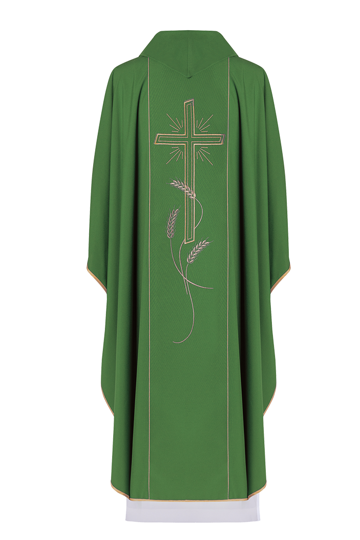 Zielony ornat liturgiczny z haftem Krzyż IHS i złotą lamówką
