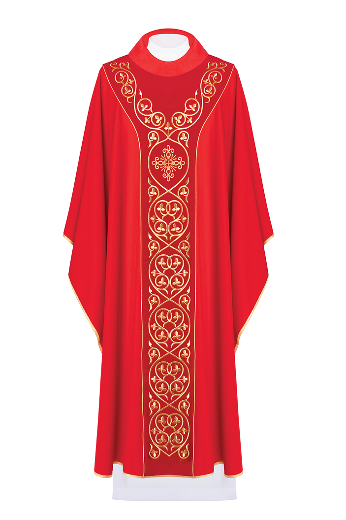 Czerwony ornat liturgiczny zdobiony haftem na aksamicie - ORNATY.PL