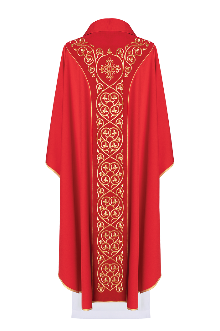 Czerwony ornat liturgiczny zdobiony haftem na aksamicie - ORNATY.PL