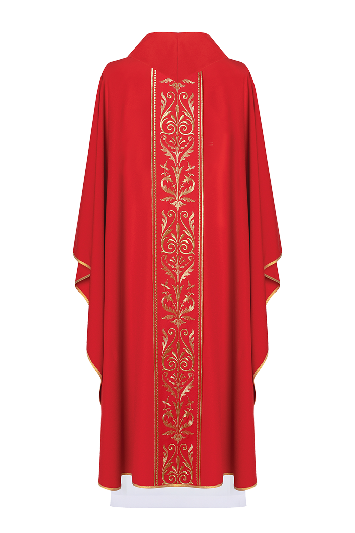 Czerwony ornat liturgiczny zdobiony złotym pasem haftowanym - ORNATY.PL