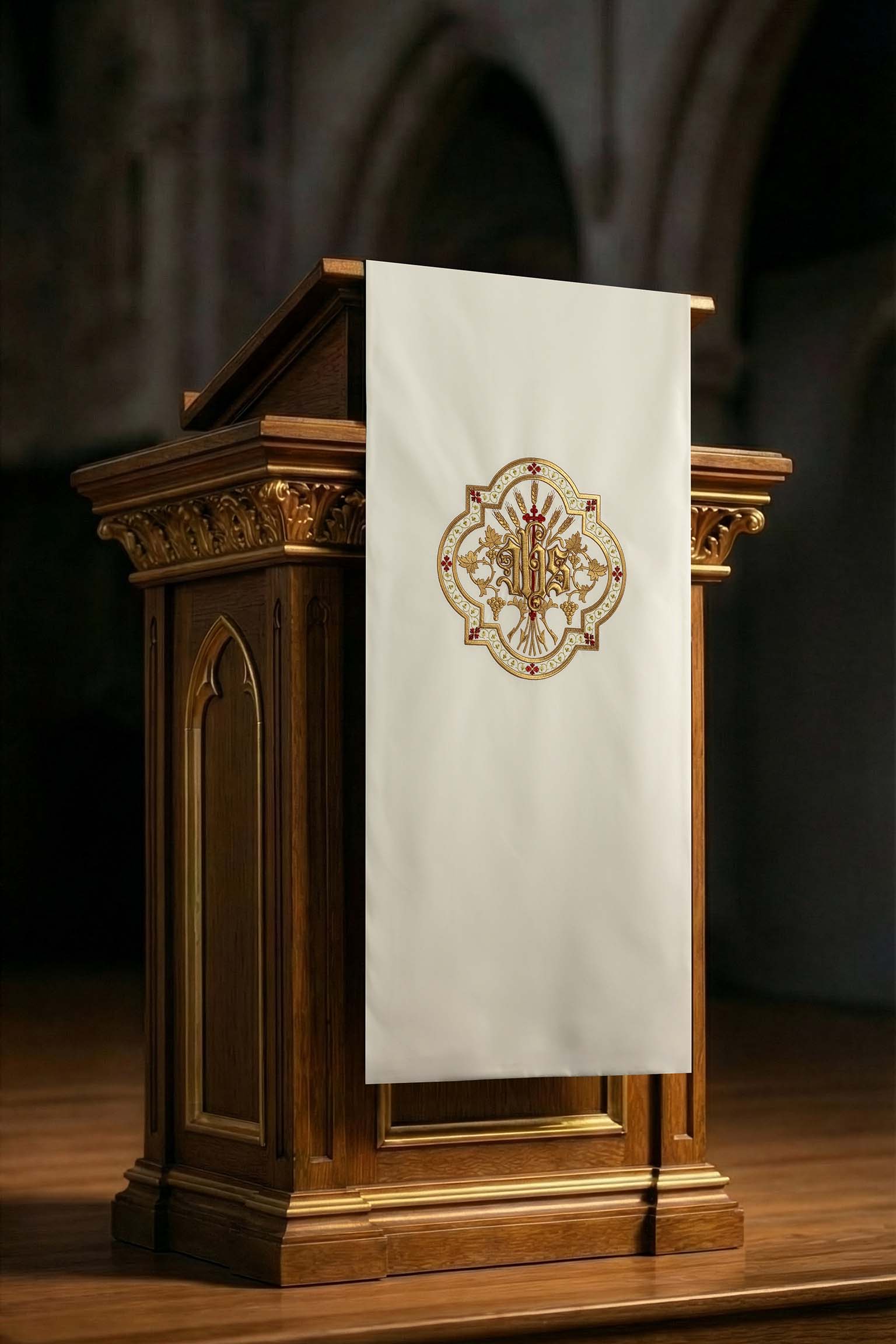 Serweta na Lektorium Ecru ze Złotym Haftem IHS - Liturgiczna