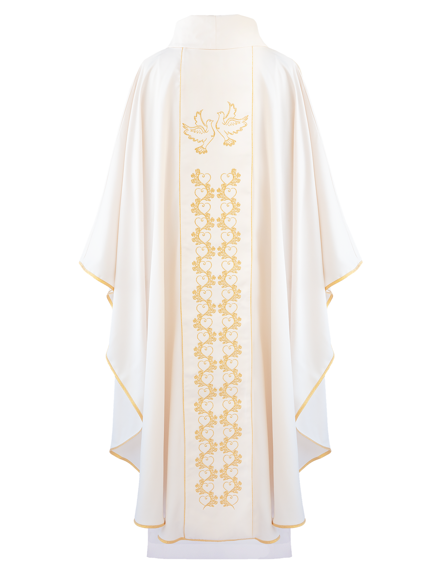 Ornat ślubny z haftem gołębi i obrączek ecru