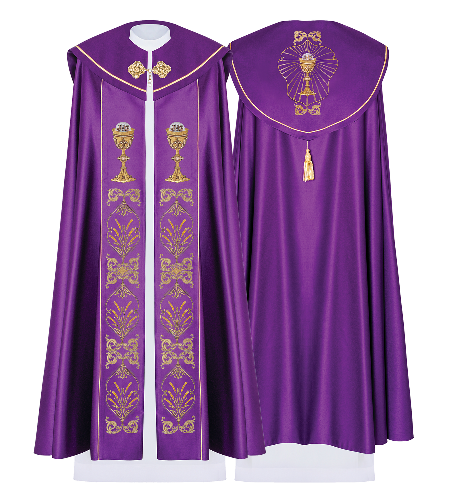 Kapa liturgiczna haftowana z monogramem w kielichy w kolorze fioletowym - ORNATY.PL
