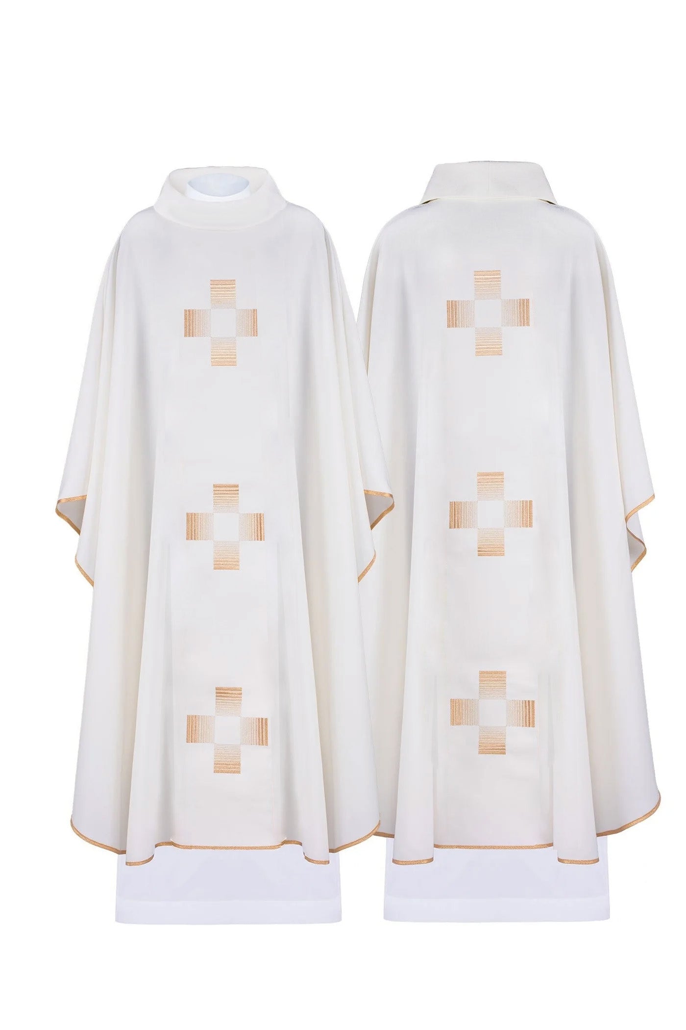 Ornat liturgiczny z haftowanymi złotymi krzyżami i satynową lamówką