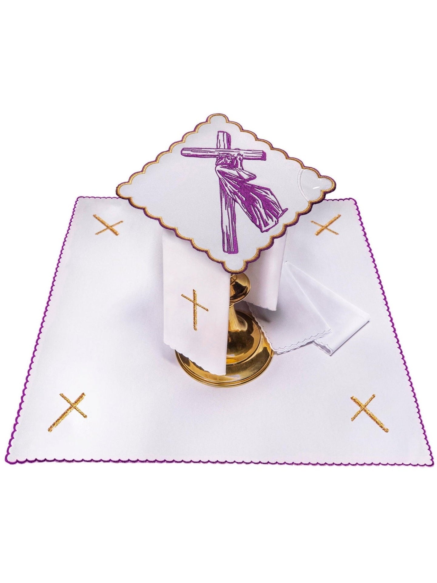 Bielizna Kielichowa Droga Krzyżowa - Haft Eucharystyczny z Fioletową Nicią - SZATYLITURGICZNE.PL