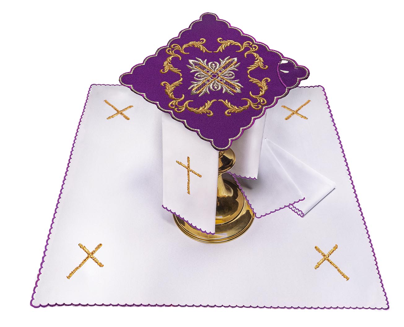 Bielizna Kielichowa Fioletowa Haft Krzyż - Komplet Liturgiczny - SZATYLITURGICZNE.PL