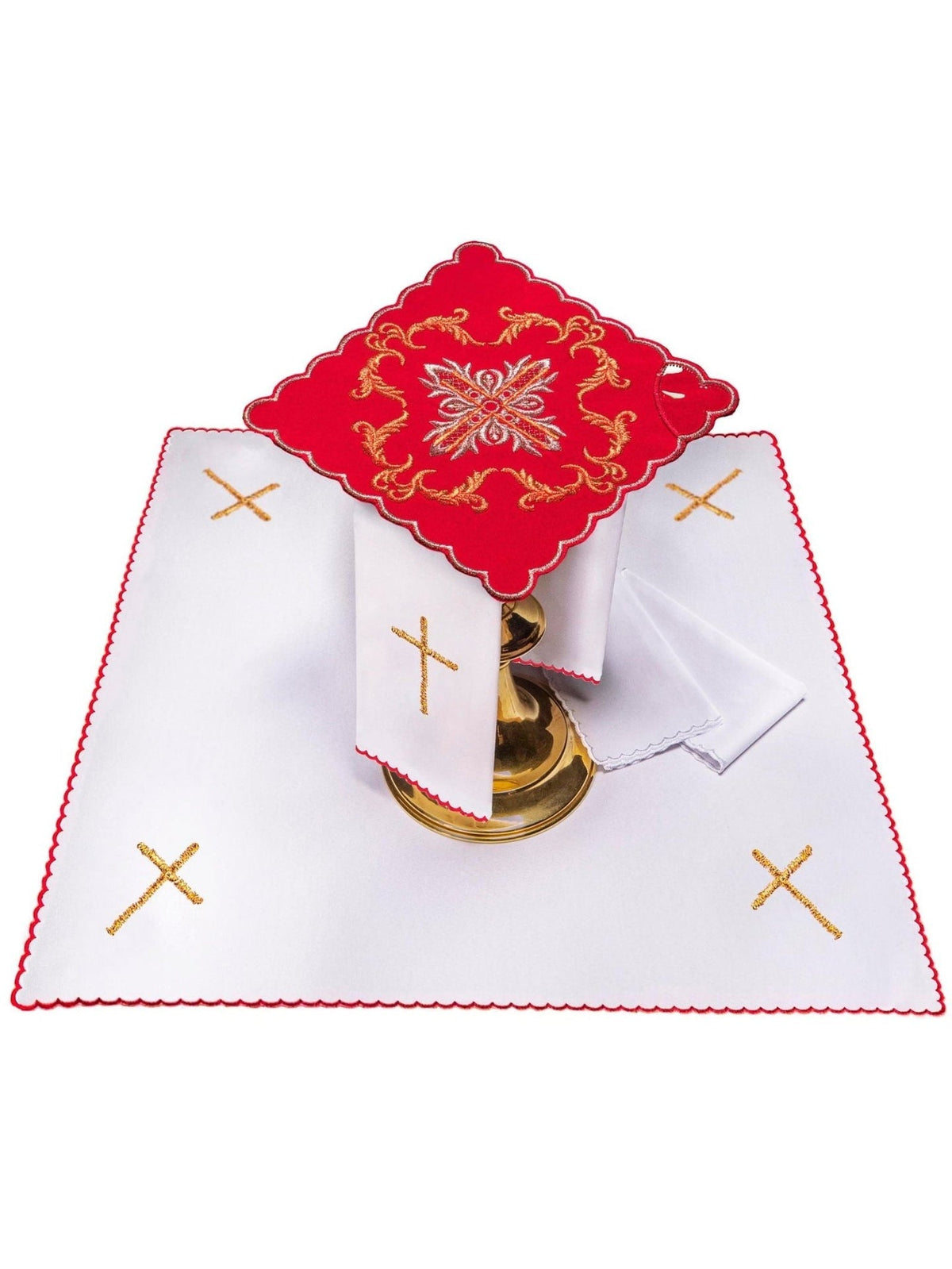 Bielizna Kielichowa Haftowana Czerwona z Krzyżem - Komplet 4 Elementy - SZATYLITURGICZNE.PL