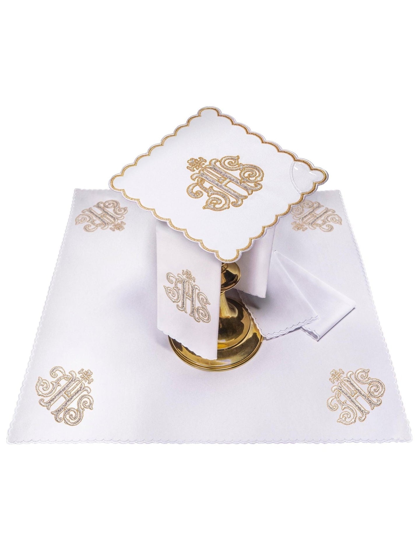 Bielizna Kielichowa IHS Złoty Haft - Komplet Liturgiczny 4 Elementy - SZATYLITURGICZNE.PL