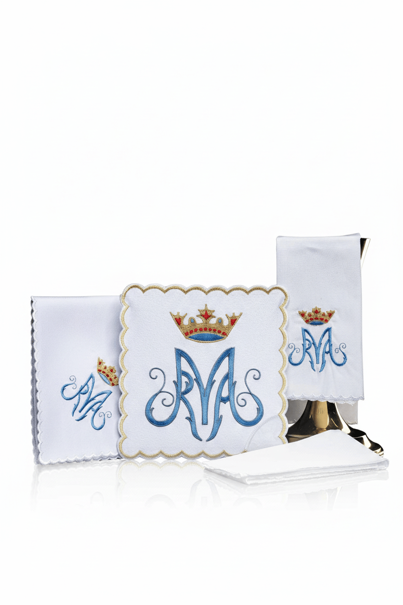 Bielizna Kielichowa Maryjna - Niebieski Symbol, Haft Złotem - SZATYLITURGICZNE.PL