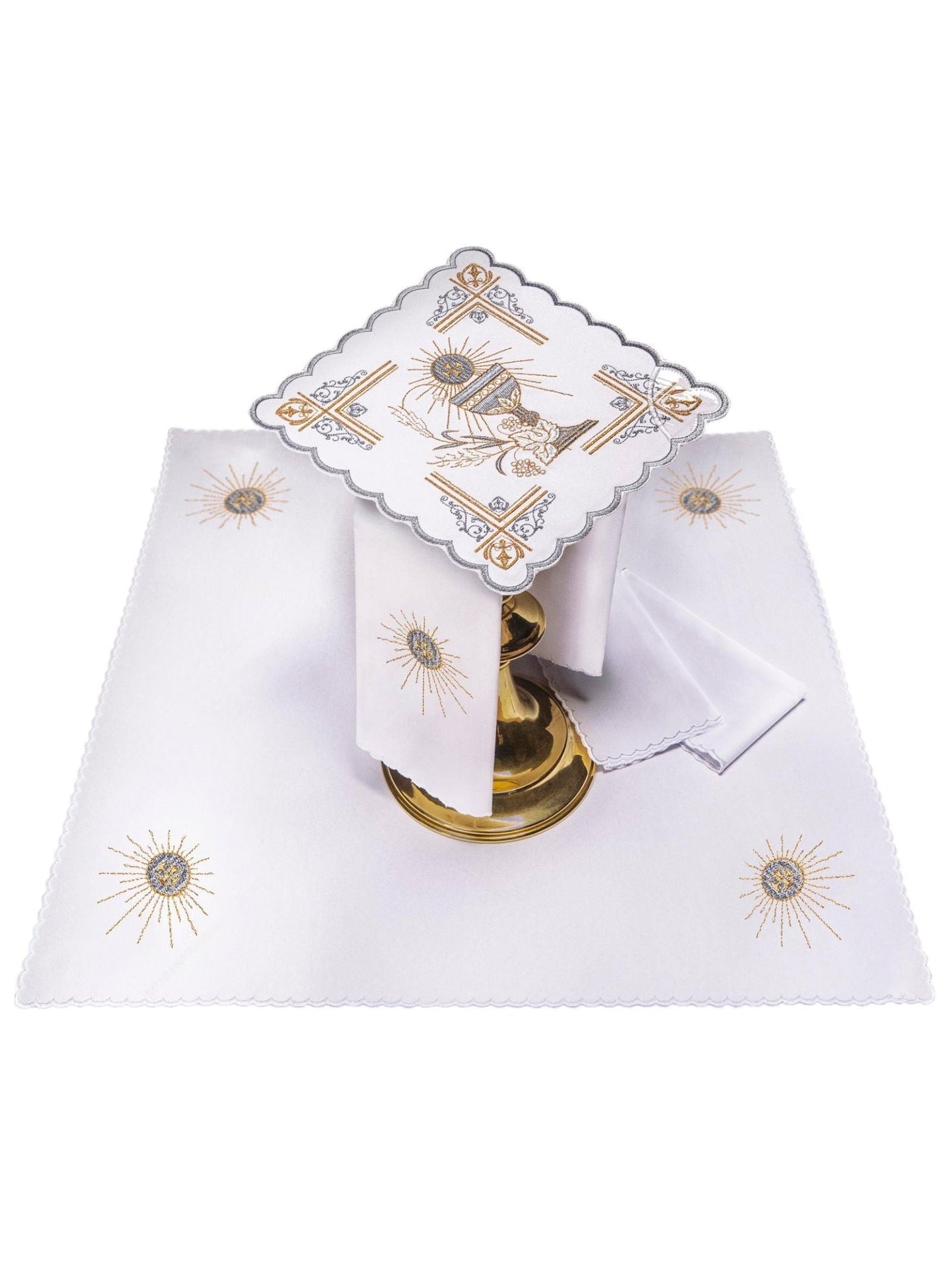 Bielizna Kielichowa z Haftem Eucharystycznym - Złoto - Srebrna - SZATYLITURGICZNE.PL